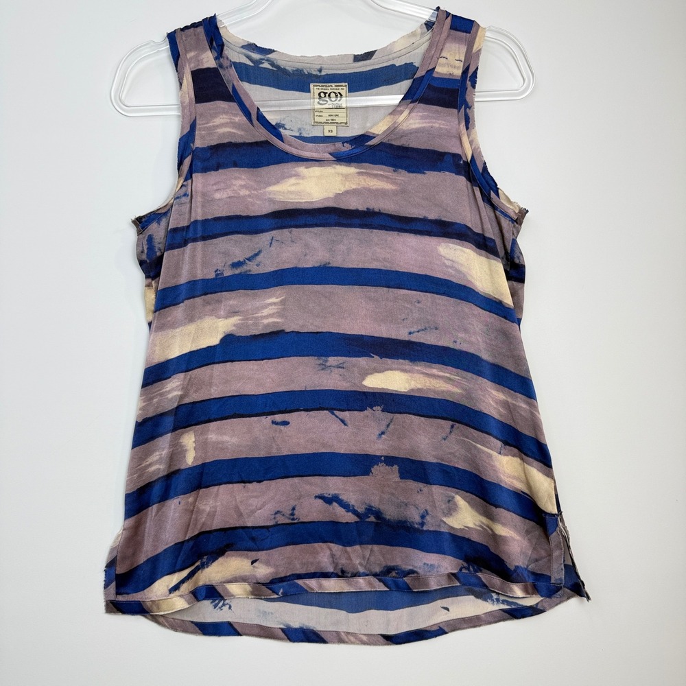 Go Silk Tank Top Womens XS Blue Purple Striped 100% Washable Silk Raw Edge VGUC